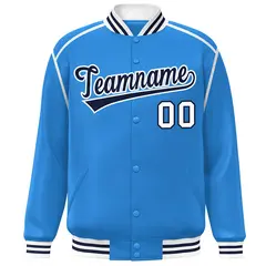 Powder Blue Navy-White Color Block Ribbon Varsity Full-Snap Bomber Jacket 3