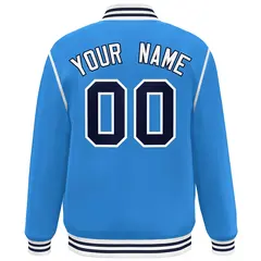 Powder Blue Navy-White Color Block Ribbon Varsity Full-Snap Bomber Jacket 4