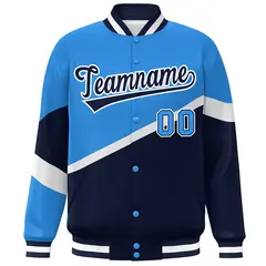 Powder Blue Navy-White Color Block Varsity Baseball Jacket 3