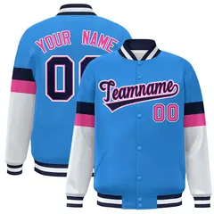 Powder Blue Navy-White Color Block Varsity Full-Snap Baseball Jacket