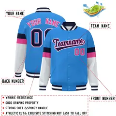 Powder Blue Navy-White Color Block Varsity Full-Snap Baseball Jacket 2