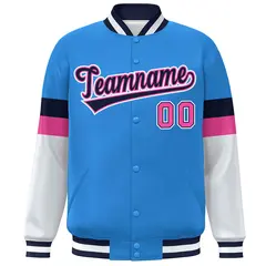 Powder Blue Navy-White Color Block Varsity Full-Snap Baseball Jacket 3