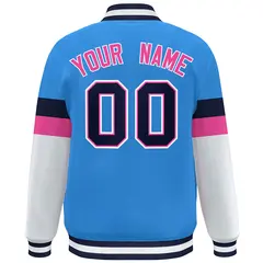 Powder Blue Navy-White Color Block Varsity Full-Snap Baseball Jacket 4