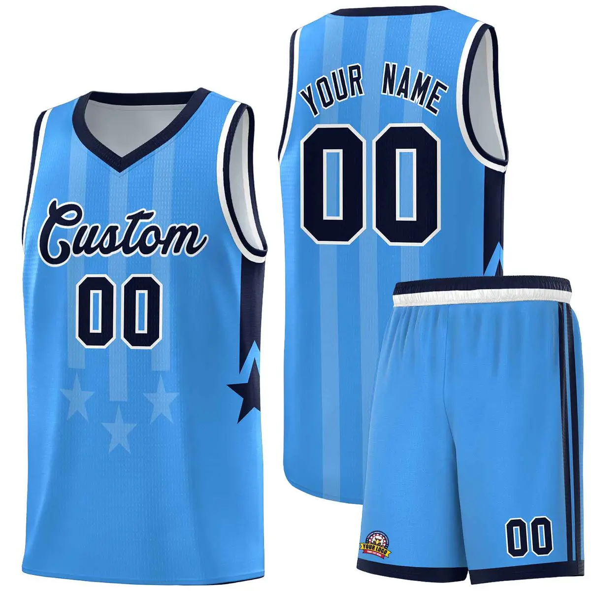 Powder Blue Navy White Gradient Star Graffiti Basketball Jersey