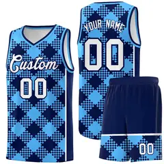 Powder Blue Navy-White Grid Basketball Kits For Team