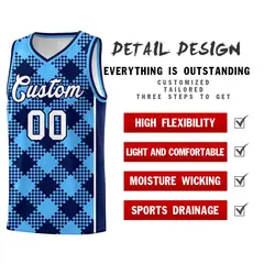 Powder Blue Navy-White Grid Basketball Kits For Team 2