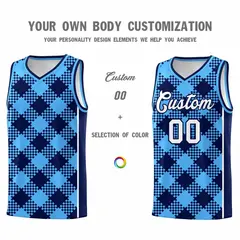 Powder Blue Navy-White Grid Basketball Kits For Team 3