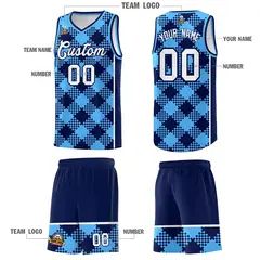 Powder Blue Navy-White Grid Basketball Kits For Team 5