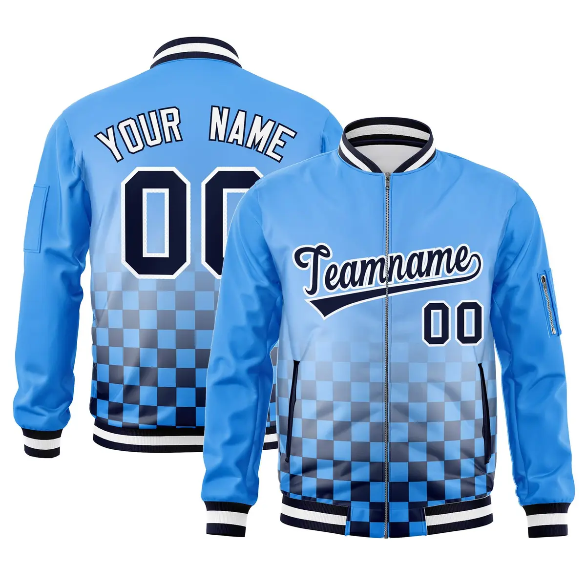Powder Blue Navy-White Grid Color Block Letterman Bomber Jacket