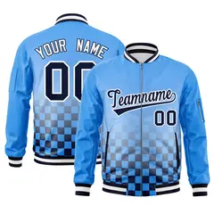 Powder Blue Navy-White Grid Color Block Letterman Bomber Jacket 1