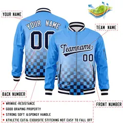 Powder Blue Navy-White Grid Color Block Letterman Bomber Jacket 2