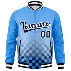 Powder Blue Navy-White Grid Color Block Letterman Bomber Jacket 3