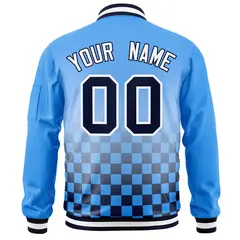 Powder Blue Navy-White Grid Color Block Letterman Bomber Jacket 4