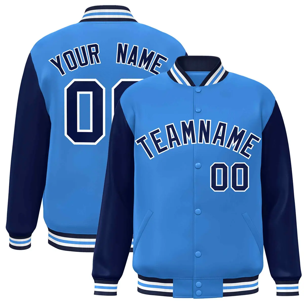 Powder Blue Navy-White Raglan Varsity Full-Snap Letterman Jacket