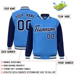 Powder Blue Navy-White Raglan Varsity Full-Snap Letterman Jacket 2