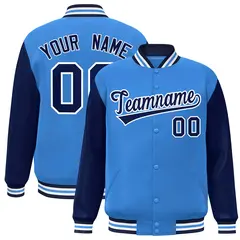 Powder Blue Navy-White Raglan Varsity Full-Snap Letterman Jacket 1