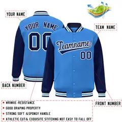 Powder Blue Navy-White Raglan Varsity Full-Snap Letterman Jacket 2