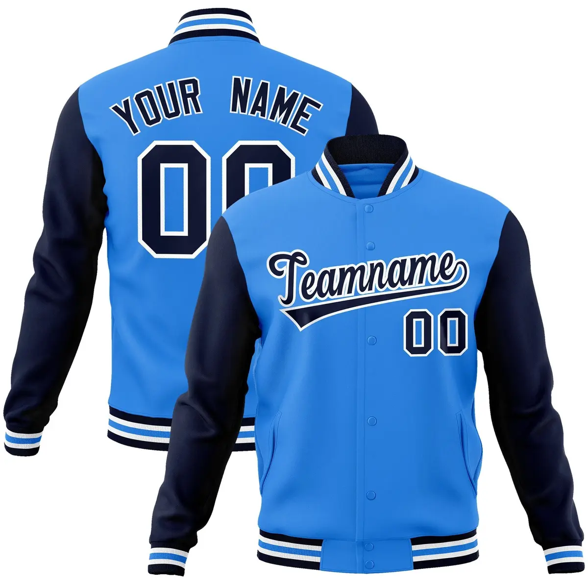 Powder Blue Navy-White Raglan Varsity Full-Snap Letterman Jacket