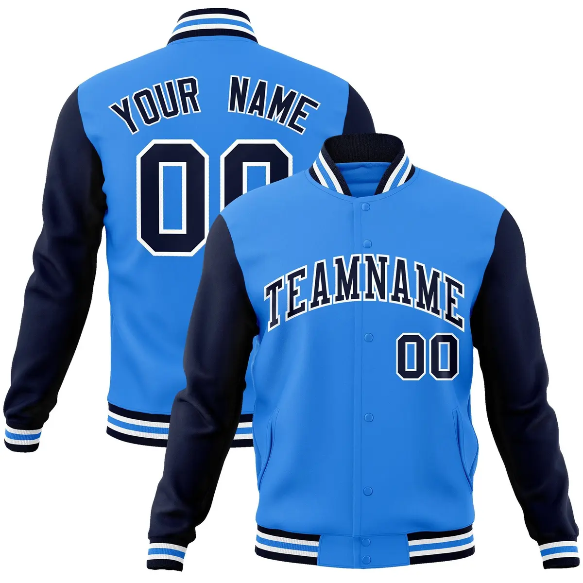 Powder Blue Navy-White Raglan Varsity Full-Snap Letterman Jacket