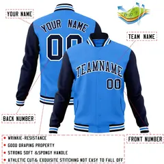 Powder Blue Navy-White Raglan Varsity Full-Snap Letterman Jacket 4