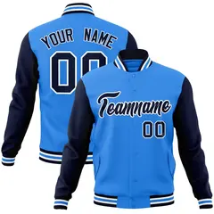 Powder Blue Navy-White Raglan Varsity Full-Snap Letterman Jacket 1