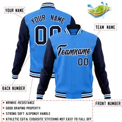 Powder Blue Navy-White Raglan Varsity Full-Snap Letterman Jacket 4