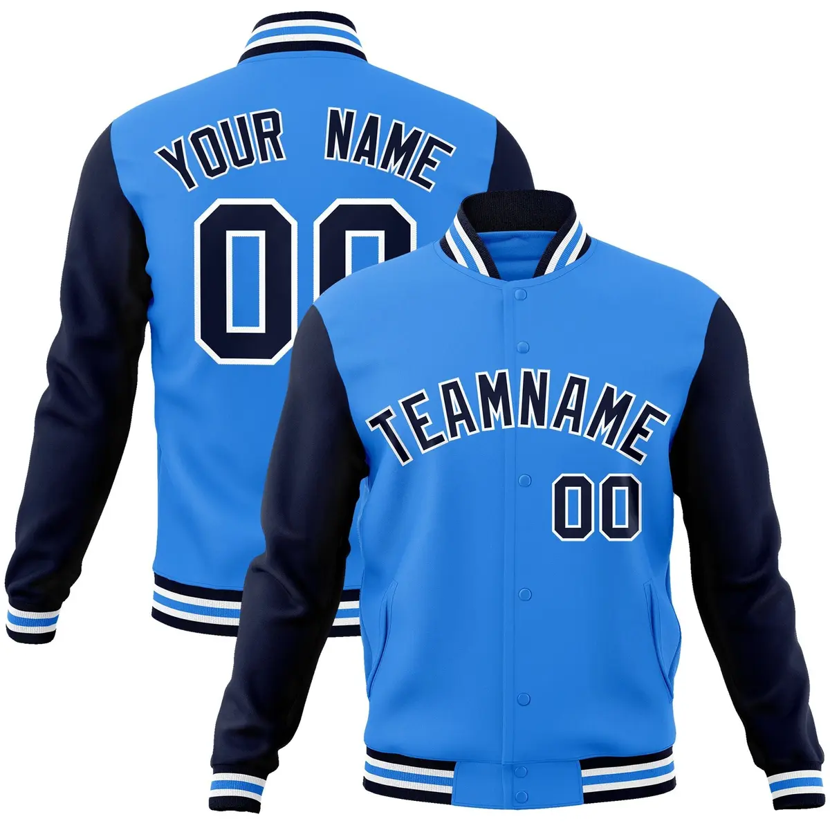 Powder Blue Navy-White Raglan Varsity Full-Snap Letterman Jacket