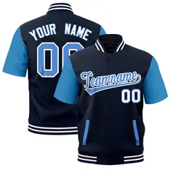Powder Blue Navy White Short Sleeve Full-Snap Varsity Jacket