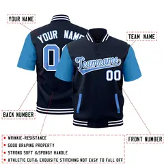 Powder Blue Navy White Short Sleeve Full-Snap Varsity Jacket 2