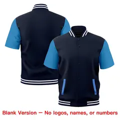 Powder Blue Navy White Short Sleeve Full-Snap Varsity Jacket 7