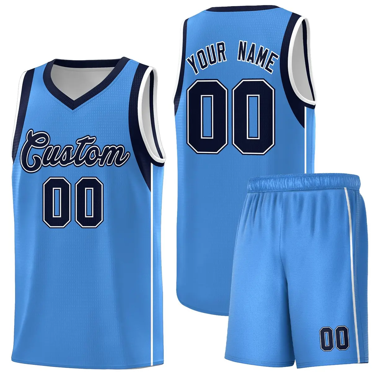 Powder Blue Navy-White Sleeve Color Block Basketball Jersey