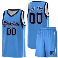 Powder Blue Navy-White Sleeve Color Block Basketball Jersey