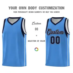 Powder Blue Navy-White Sleeve Color Block Basketball Jersey 3