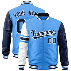 Powder Blue Navy-White Stripe Raglan Varsity Full-Zip Letterman Bomber Jacket