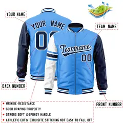 Powder Blue Navy-White Stripe Raglan Varsity Full-Zip Letterman Bomber Jacket 2