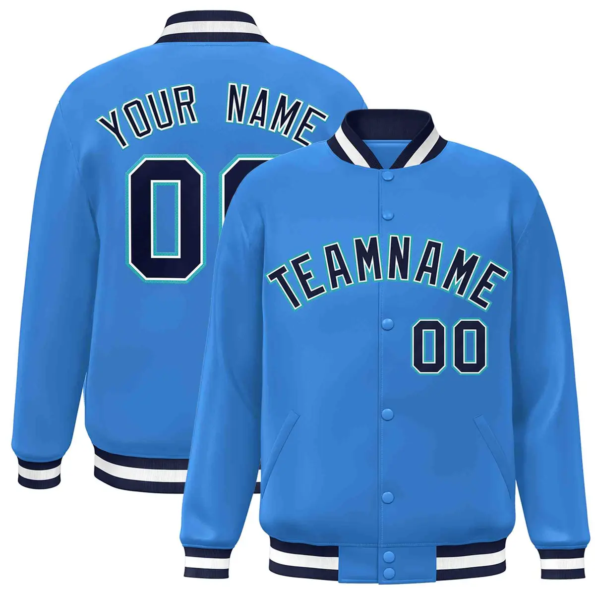 Powder Blue Navy-White Varsity Full-Snap Letterman Jacket