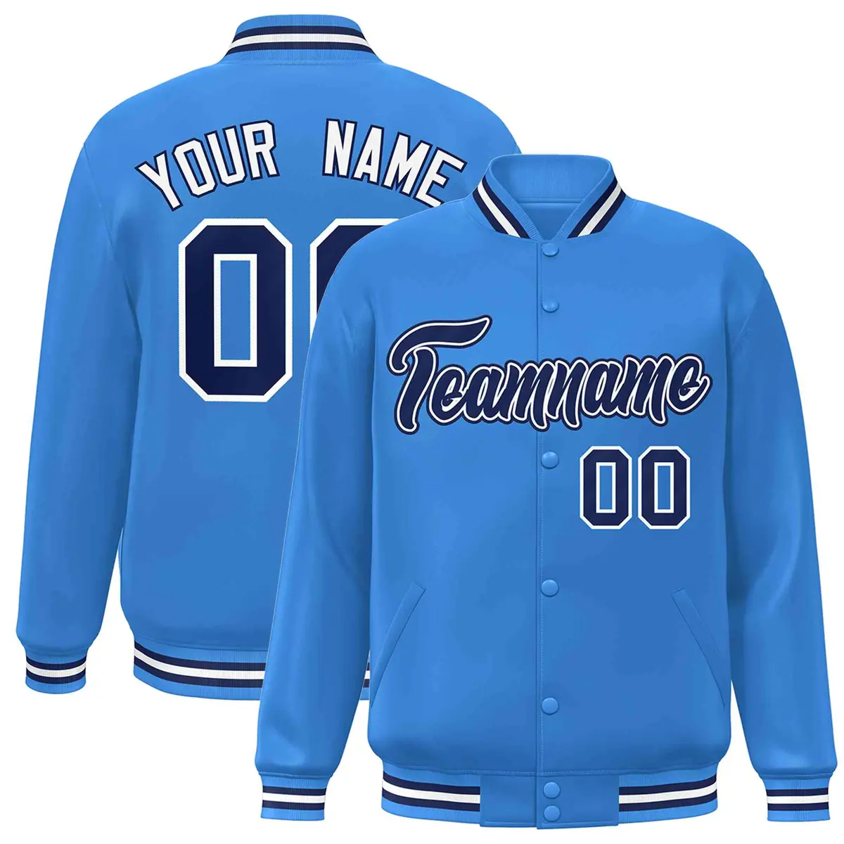 Powder Blue Navy-White Varsity Full-Snap Letterman Jacket
