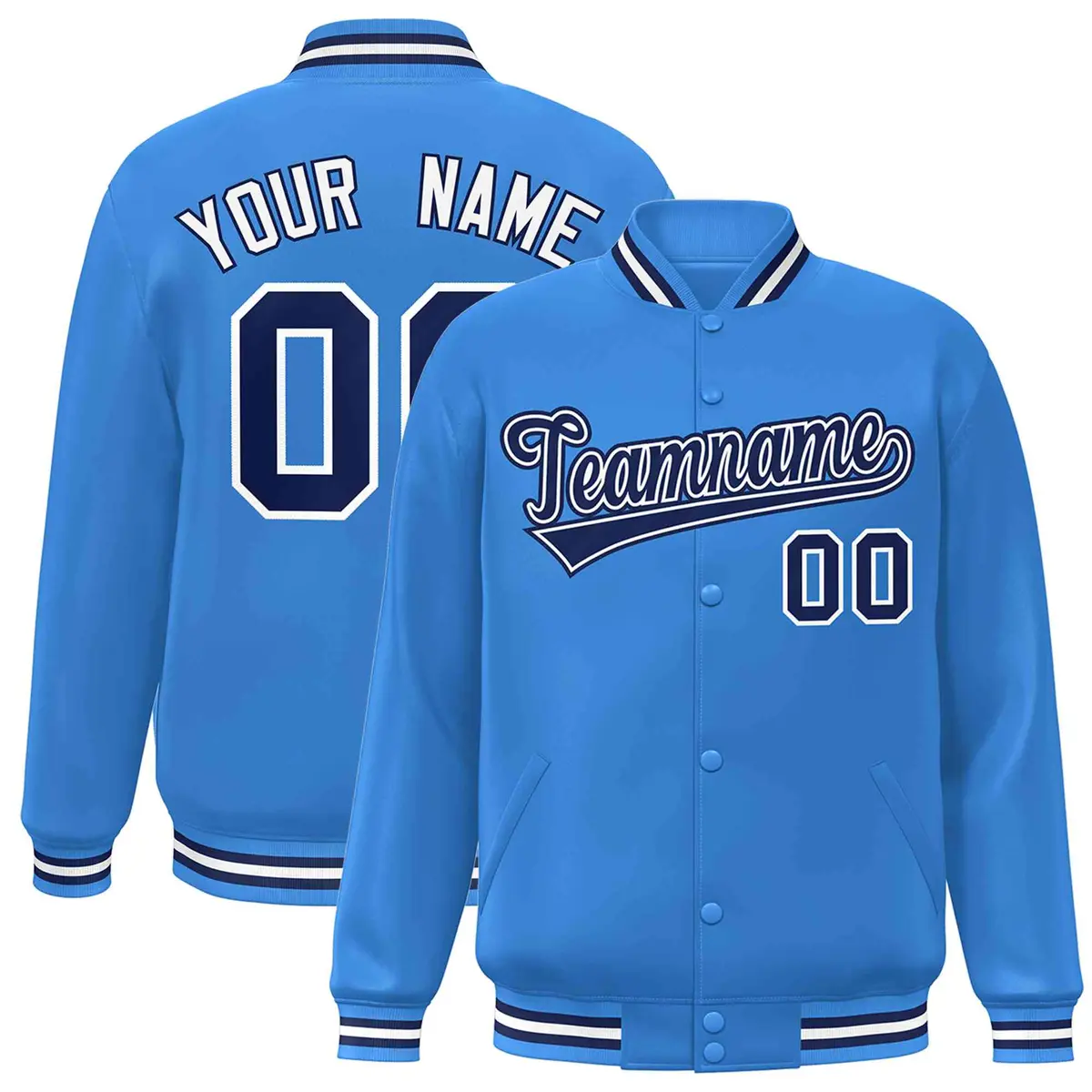 Powder Blue Navy-White Varsity Full-Snap Letterman Jacket