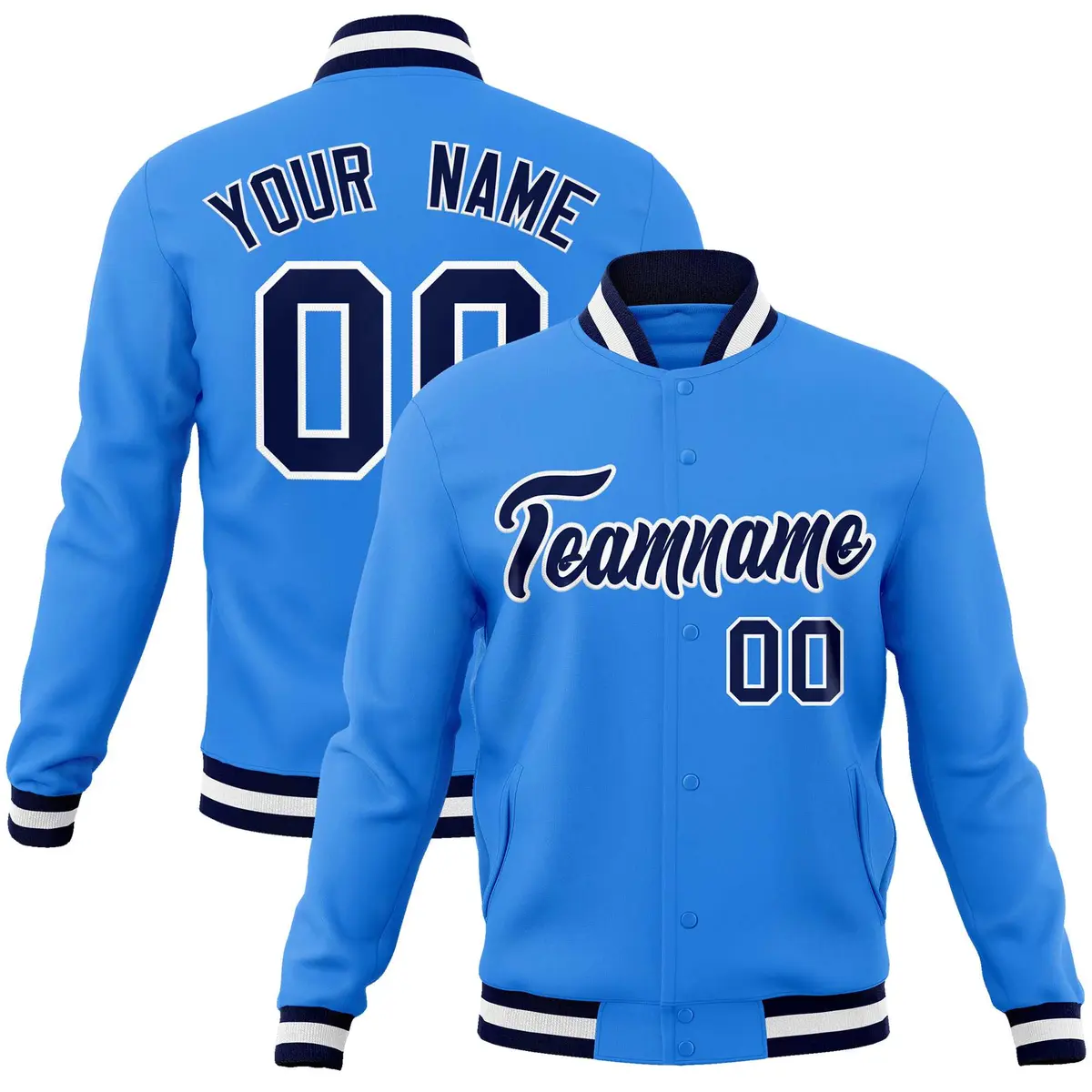 Powder Blue Navy-White Varsity Full-Snap Letterman Jacket