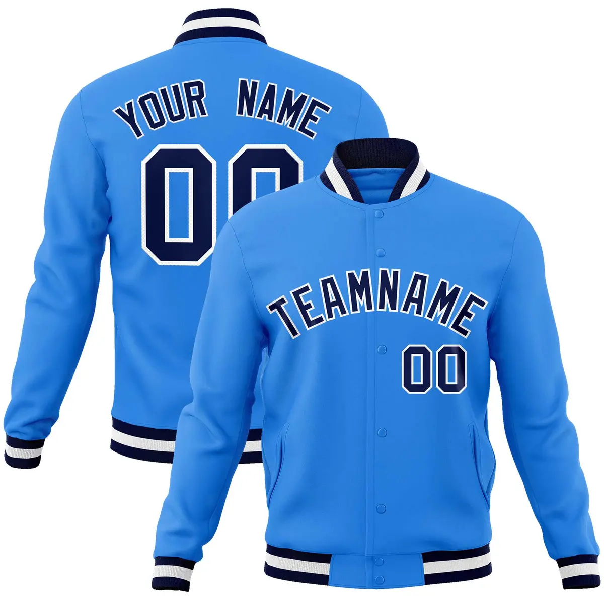 Powder Blue Navy-White Varsity Full-Snap Letterman Jacket