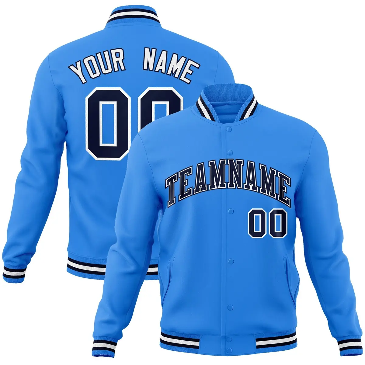 Powder Blue Navy-White Varsity Full-Snap Letterman Jacket