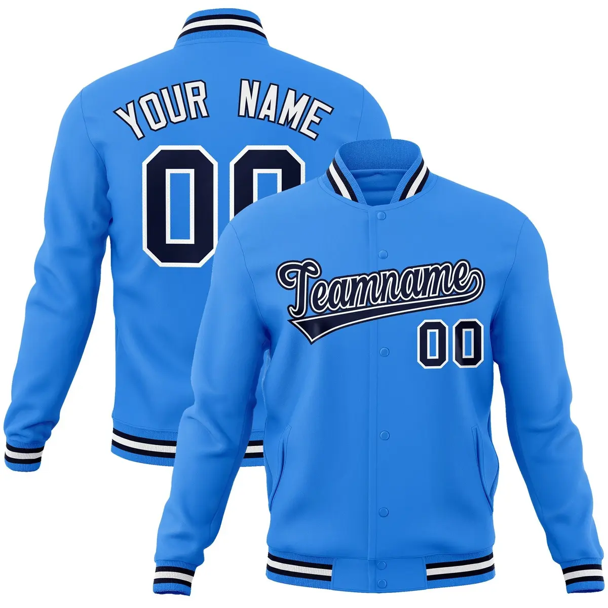 Powder Blue Navy-White Varsity Full-Snap Letterman Jacket