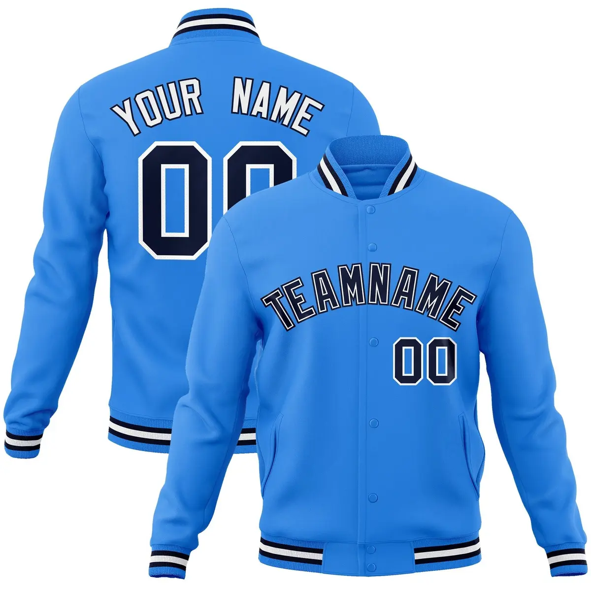 Powder Blue Navy-White Varsity Full-Snap Letterman Jacket
