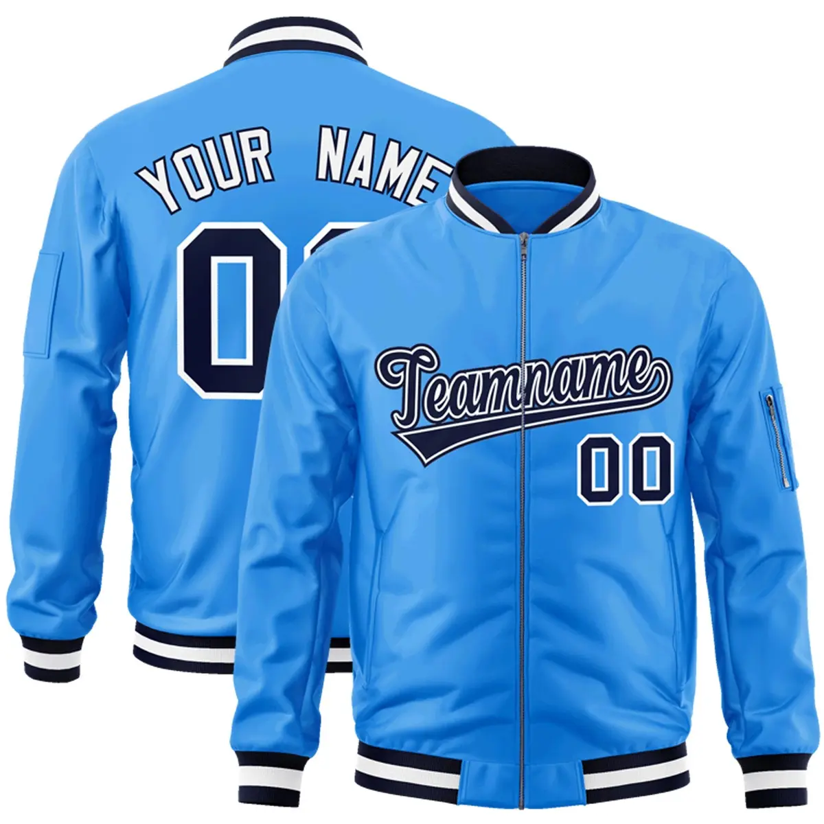 Powder Blue Navy-White Varsity Full-Zip Letterman Bomber Jacket