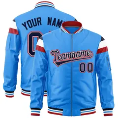 Powder Blue Navy-White Varsity Full-Zip Shoulder Color Block Letterman Bomber Jacket 1