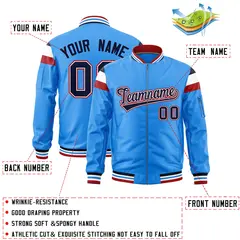 Powder Blue Navy-White Varsity Full-Zip Shoulder Color Block Letterman Bomber Jacket 2