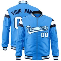 Powder Blue Navy-White Varsity Full-Zip Shoulder Color Block Letterman Bomber Jacket