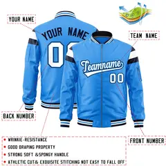 Powder Blue Navy-White Varsity Full-Zip Shoulder Color Block Letterman Bomber Jacket 2
