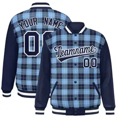 Powder Blue Navy-White Varsity Plaid Pattern Full-Snap Letterman Jacket