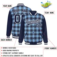 Powder Blue Navy-White Varsity Plaid Pattern Full-Snap Letterman Jacket 2